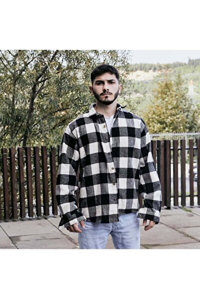 noliva bebek ve çocuk Men's Black Ecru Plaid Lumberjack Shirt