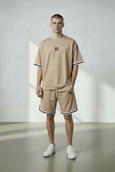 Altamira Men's Beige Printed Striped Detail Tracksuit Set