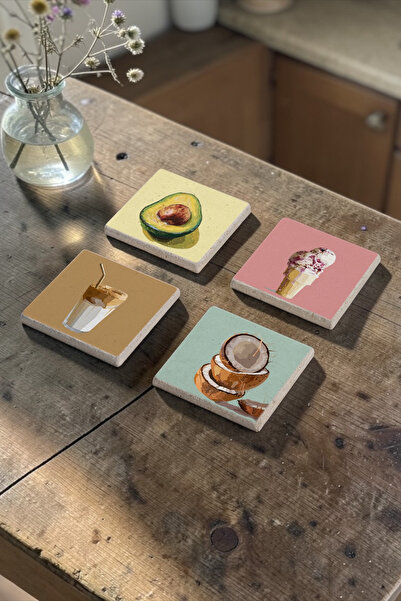 Baumatelier Colorful Coconut and Avocado Themed Natural Stone Travertine Coas...