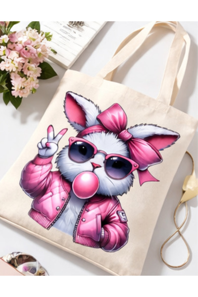 OEM Tote Bag Bej cu Model Iepuraș și Jachetă Roz