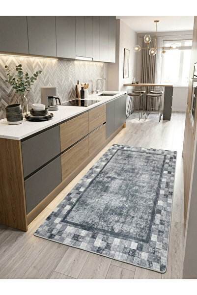 Brillant Dama Desen Çerçeveli Gri Renk Kaymaz Taban Mutfak Halısı