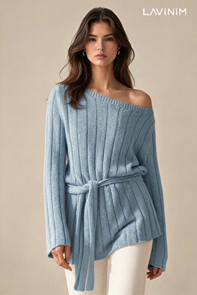 LAVİNİM Women's Premium Boat Neck Belt Piece Mercerized Knitwear