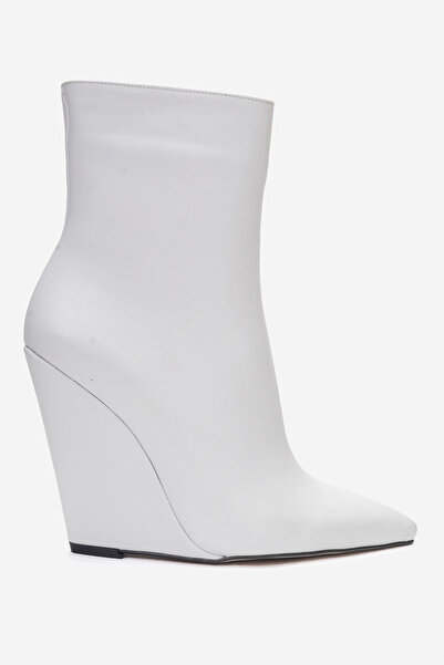 Ayakkabı Ateşi White Leather Pointed Toe Wedge Heeled Women's Boots Polly