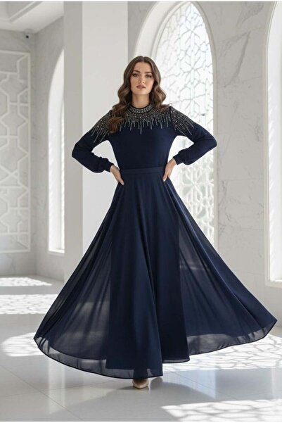hakimoda Zişan Chiffon Evening Dress Navy Blue