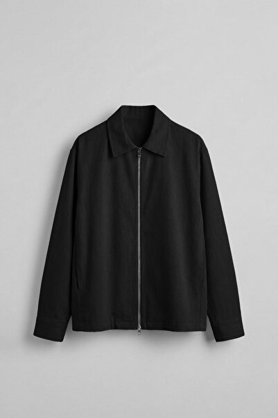 ablukaonline Erkek Oversize Keten Dokulu Astarlı Fermuarlı Gömlek Siyah