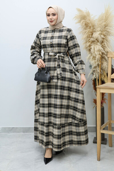 Tesettür Dünyası Button-Front Plaid Dress Tsd260131 Camel