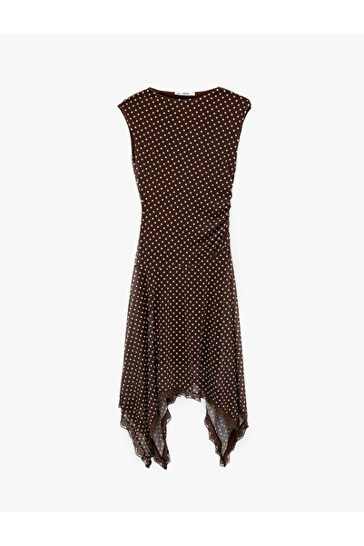 Koton Sleeveless Crew Neck Ruched Asymmetrical Midi Polka Dot Piece Tulle Dress