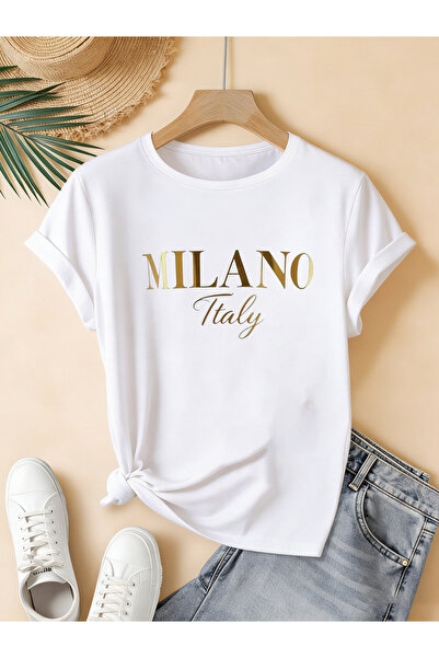 mercoledi Γυναικείο μπλουζάκι Milano με τύπωμα Crew Neck Regular Fit oversized