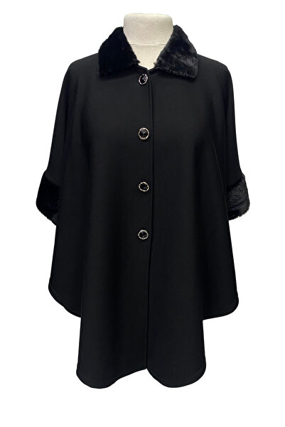Giyinen Mağazaları Black Candan Poncho with Front Buttons, Fur Detail on Coll...