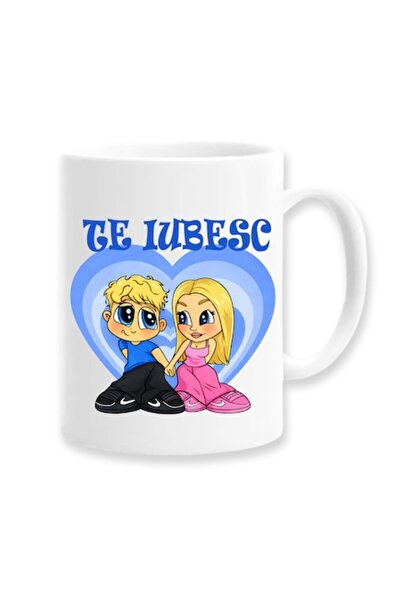 OEM Mug for Lovers with Message: I Love You, Cartoon, Blue Model, White, 330m...