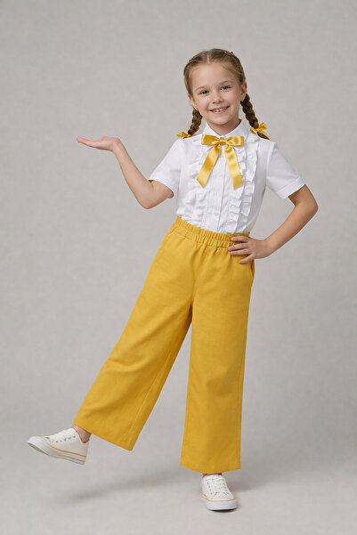 nacar çarşı Cămașă cu volane și fundă galbenă pentru fetițe, pantaloni galben...