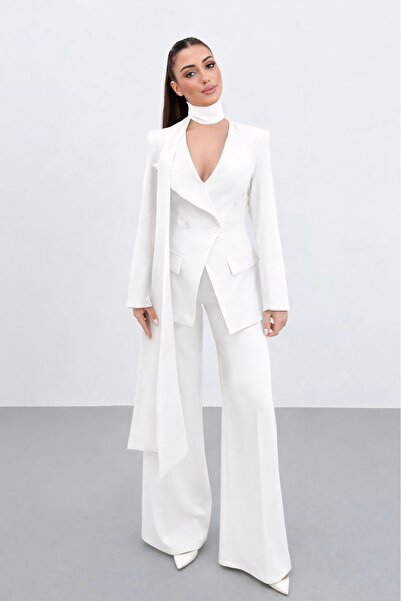 ossons Boyundan Tie-Detail Premium White Double-Breasted Jacket Set