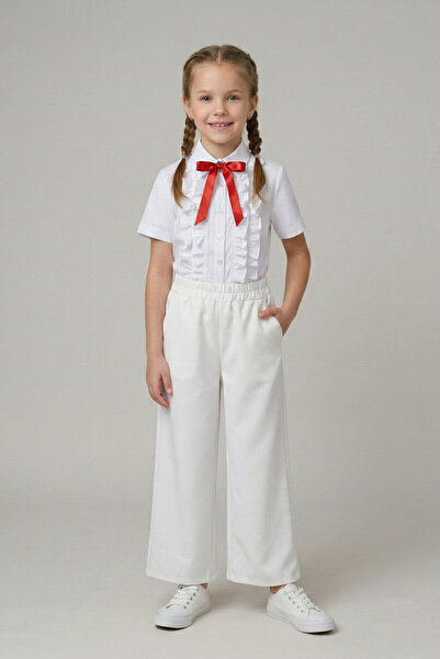 FATELLA Crvena košulja sa mašnom za devojčice, bijele široke pantalone, kosti...