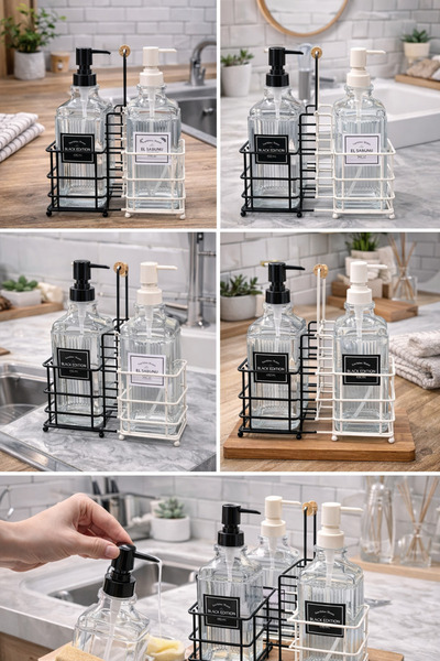 BMHOUSE 2’li Cam Sıvı Sabunluk Seti Metal Standlı Siyah Beyaz