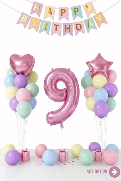Bunloon Makaron 9 Yaş Doğum Günü Balon Seti Happy Birthday Parti Süsleri