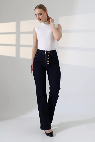 Coşkun GİYİM Women's High Waist Button Detailed Piped Leg Jeans Dark Blue 717...