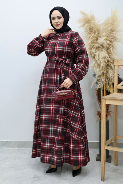 Tesettür Dünyası Button-Front Plaid Dress Tsd260131 Claret Red