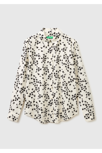 United Colors of Benetton Women's khaki 100% Cotton Patterned regular fit shirt