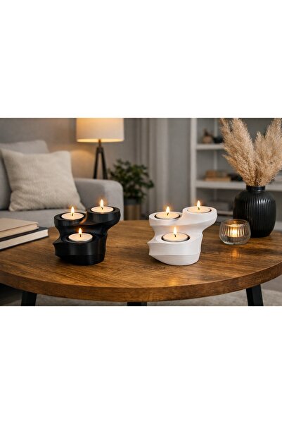 ND Shopping 2’li Minimal Mumluk Seti 3 Hazneli Modern Tealight Mumluk Siyah B...
