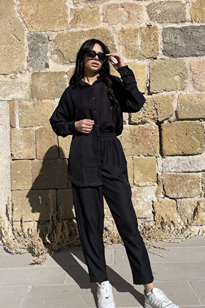 Tmptekstil طقم أزرار خشبية مكون من قطعتين كتان - أسود