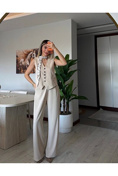 Quzu Kendinden Fularli Tencel Kumaş Yelek Pantolon Trend Takım Krem