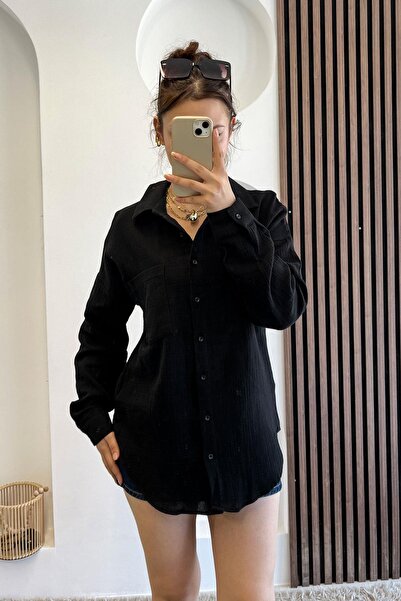 Tmptekstil Linen Fabric Pocket Detail Shirt - Black Black