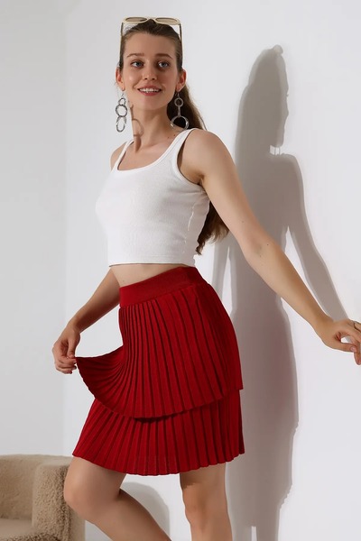 LOS VİLLİAN Elastic Waist Knee Length Two Layer Basic Knitwear Pleated Skirt