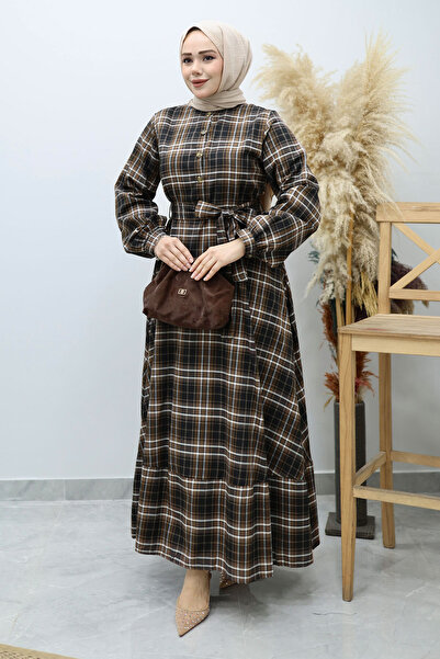 Tesettür Dünyası Button-Front Plaid Dress Tsd260131 Tan