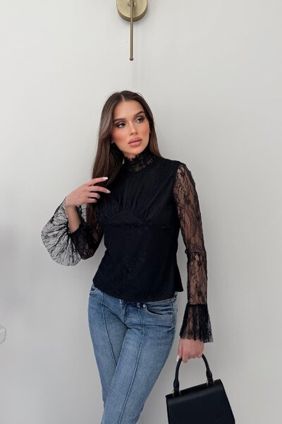 RB CLUB Black Halter Neck Blouse with Pen Detail, Pack of Lace