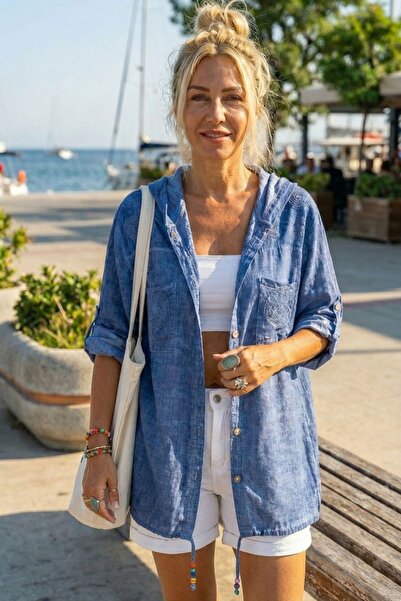 Chiccy Blue 3/4 Sleeve Buttoned Pocketed Casual Woven Jacket with Embroidery ...