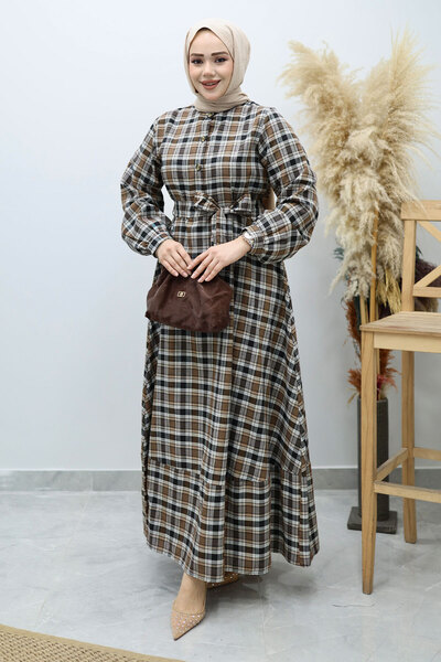 Tesettür Dünyası Button-Front Plaid Dress Tsd260131 Brown