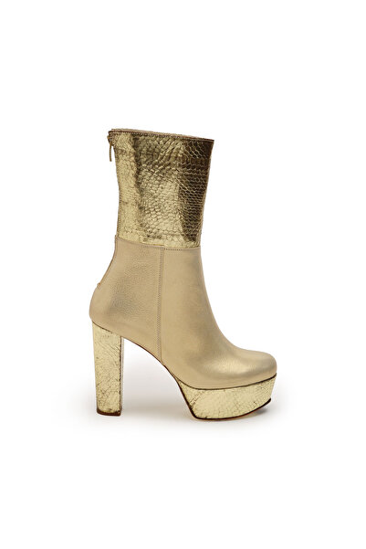 CANES AYAKKABI Kadın Platin Deri & Gold Yılan Detaylı Yüksek Topuklu Uzun Bot