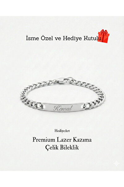 hediyeart İsme Özel Lazer Kazıma Erkek Çelik Bileklik - Hediye Kutulu - Babal...