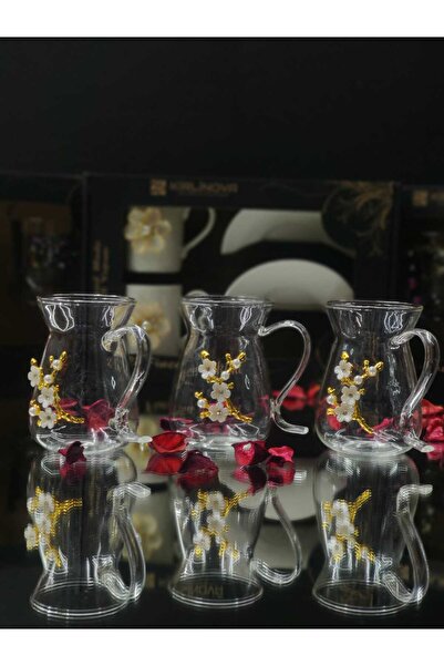 KirLiNova Dal Çiçek Borosilikat Çay Bardağı 3lü Cam Set El Yapımı