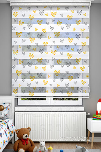 Avart Digital Çocuk Odası Sarı Şirin Kalpler Desenli Zebra Perde - Dijital Ba...