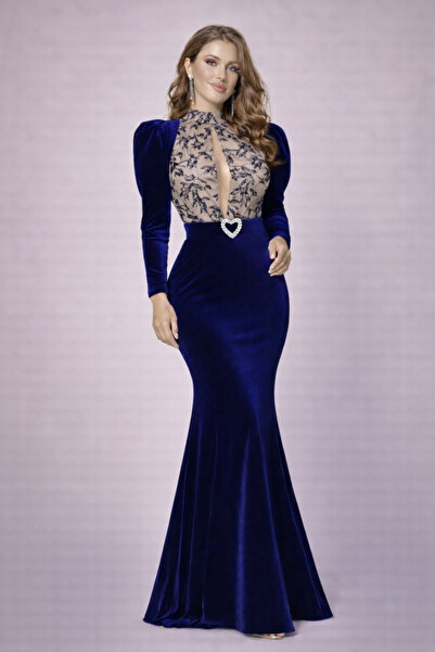 Kureyzibies Women's Lace Appliqué Velvet Long Evening Dress