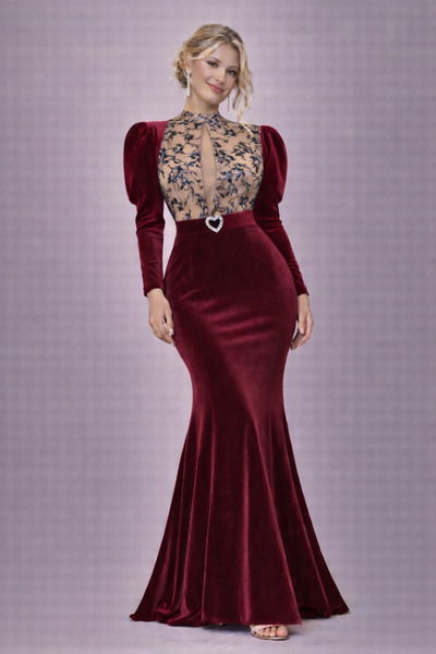 Kureyzibies Women's Lace Appliqué Velvet Long Evening Dress