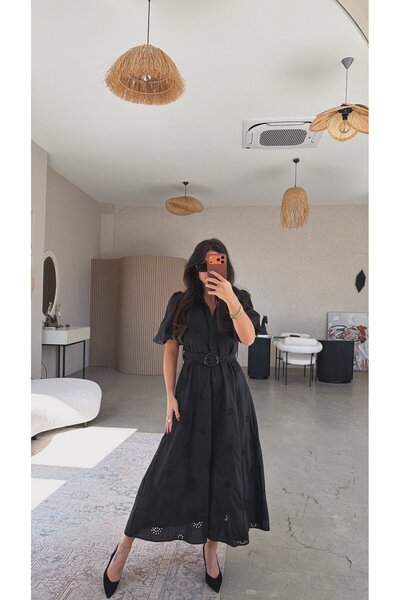 Buket Teke فستان أسود تطريز مثقوب بريميوم مبطن بالكامل