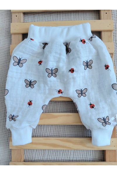 zsz tasarım KIZ BEBEK DESENLI BEYAZ MUSLIN SALVAR PANTALON YAZLIK / BAHAR