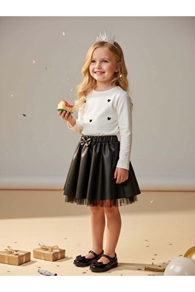 Zekids Κοριτσίστικο Σετ με Βαμβάκι Μπλούζες με Καρδιές και Δερμάτινο Φούστες