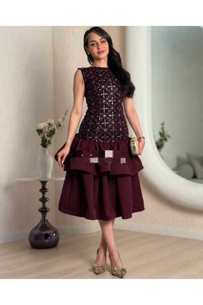 FASHION A burgundy midi dress adorned with sparkling embroidery and a trendy ...
