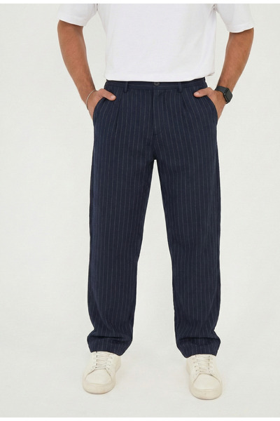 BROCARD Men's Striped Gofra Navy Blue Baggy Trousers - Relaxed Fit, Stretchy ...