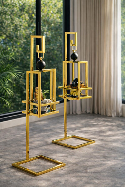 lowena home Dekoratif Ultra Lak Gold Kaplama Metal Ayaklı Cam Bölmeli Fener M...