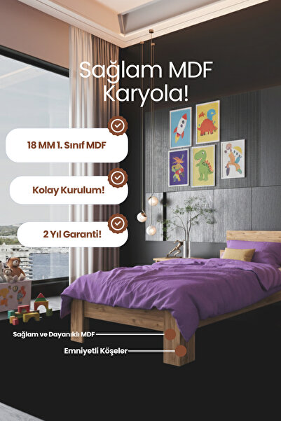 RENAZZO Lotus MDF Tek Kişilik Modern Karyola - 1. Sınıf 18 mm MDF Kademeli Ba...