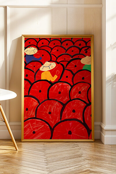 ArtDropsco Kırmızı Tarlada Çalışan Kadın Figürlü Tablo Modern Poster Duvar De...