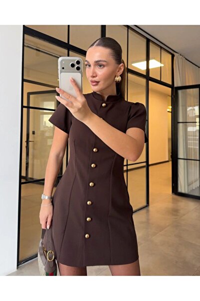 ALVOR Kahverengi Gold Detaylı Tok Kumaş Premium Kalıp Elbise