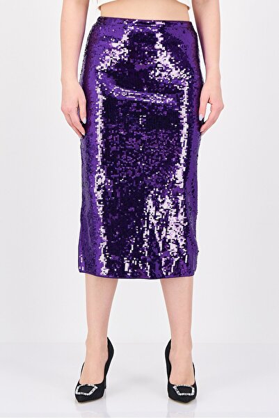 SANDRO تنورة ميدي مزينة بالترتر للنساء، لون بنفسجي