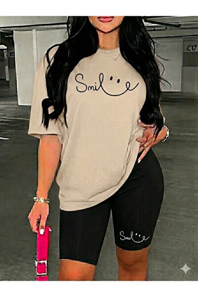 WOODROFFE طقم تي شيرت نسائي Smile مطبوع كبير الحجم، طقم كومبليت فضفاض، Boyfriend