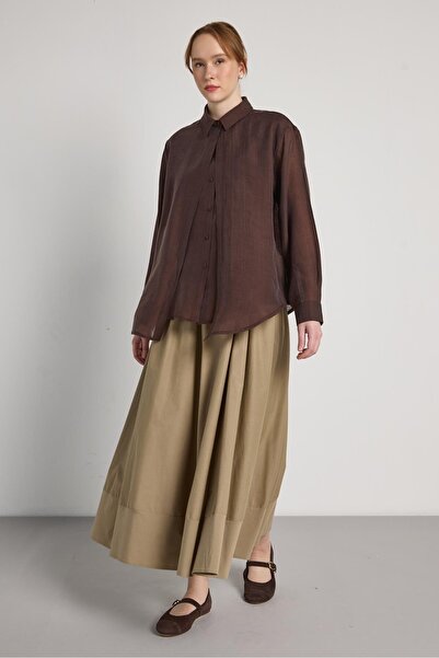 minaaise Relax Fit Cape Detailed Premium Brown Women's Shirt 31017