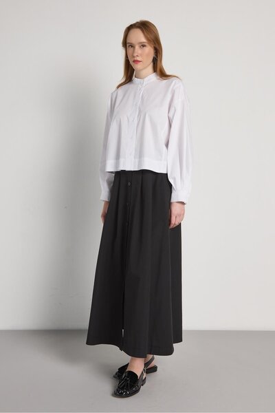 minaaise Fusta lungă neagră cu nasturi talie înaltă pentru femei 31033